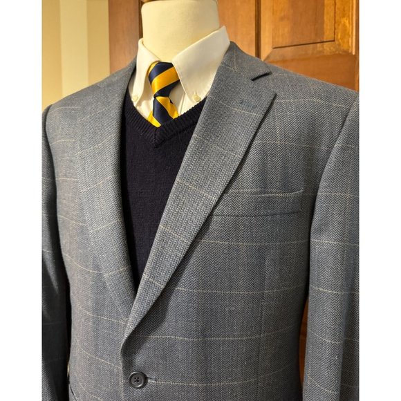 Jos A Bank Silk Wool Sport Coat Mens 42L Herringbone Windowpane Jacket Blazer - Picture 2 of 16